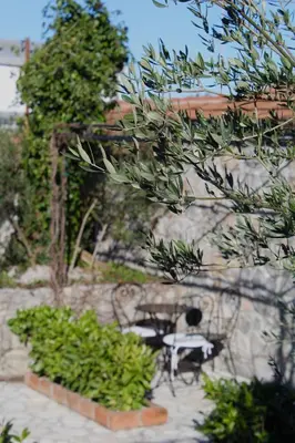 a patio with a table and chairs and plants at Hotel Opera Jaz in Budva