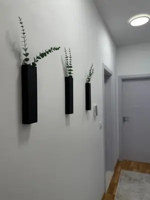 a wall with three black vases with plants on it at Modern flat 5 Min to Beach in Ulcinj
