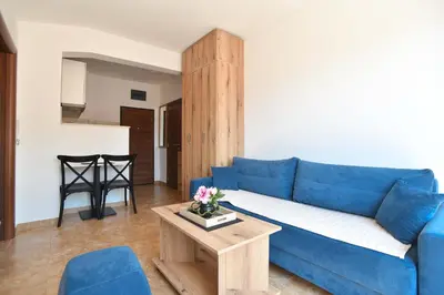 a living room with a blue couch and a table at Omega 1 Apartment Budva in Budva