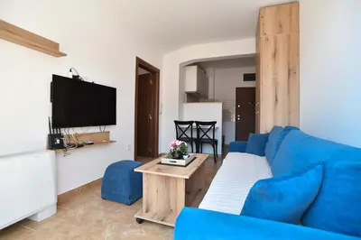 a living room with a blue couch and a table at Omega 1 Apartment Budva in Budva