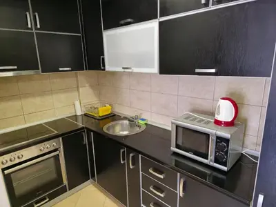 a small kitchen with a sink and a microwave at Omega 3 Apartment Budva in Budva