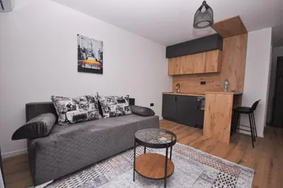 a living room with a couch and a kitchen at Studio Dobra Voda 14 in Bar