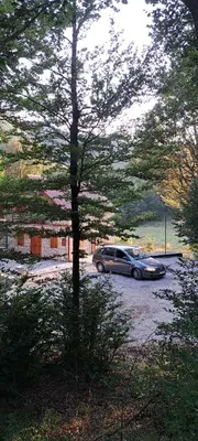 a car parked in a parking lot next to a tree at VD Forest villa in Cetinje