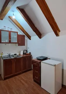 a kitchen with wooden cabinets and a white refrigerator at VD Forest villa in Cetinje