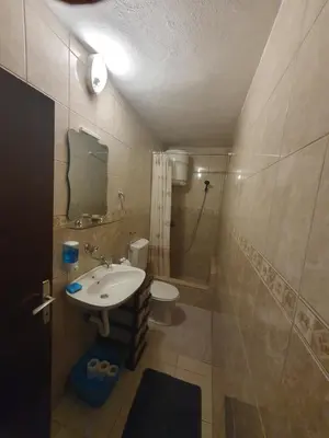 a bathroom with a sink and a shower and a toilet at Kiwi in Ulcinj