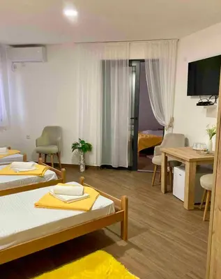 a hotel room with two beds and a television at Kangaroo Apartmani in Prijevor
