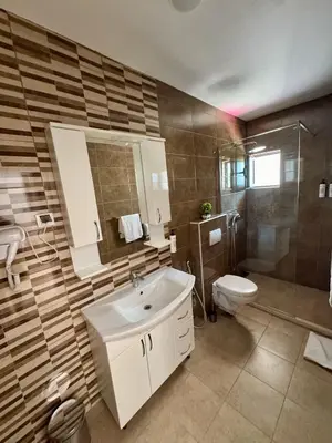 a bathroom with a sink and a toilet and a shower at Kangaroo Apartmani in Prijevor