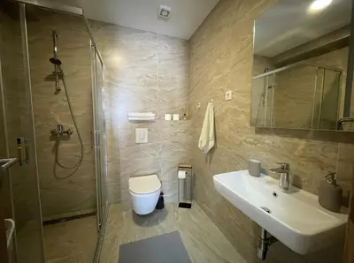 a bathroom with a sink and a shower and a toilet at TehnomaX in Budva