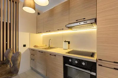 a kitchen with a sink and a stove at Jasmine 2-bedroom apartment in Becici