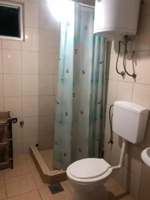 a bathroom with a toilet and a shower curtain at Apartmani Čanj in Čanj