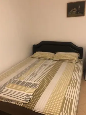 a bed with a black headboard and two pillows on it at Apartmani Čanj in Čanj