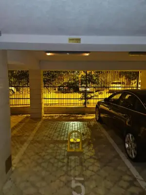 a car parked in front of a building with a garage at Petrovac in Petrovac na Moru