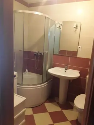 a bathroom with a shower and a sink and a toilet at Sea View apartment in Budva in Budva