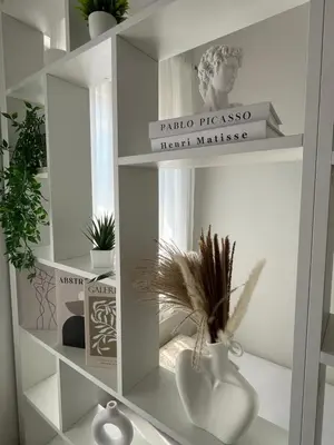 a white book shelf with a vase and plants at Studio Soleil in Cetinje