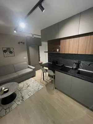 a kitchen and living room with a couch and a table at Apartmani Petrovac in Petrovac na Moru