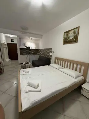 a bedroom with a large bed and a living room at Studio apartman Melissa in Budva