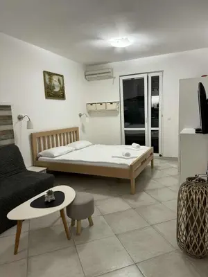 a bedroom with a bed and a living room at Studio apartman Melissa in Budva