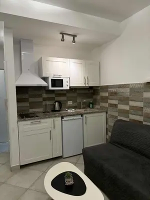 a living room with a couch and a kitchen at Studio apartman Melissa in Budva