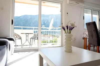 a vase of flowers on a table in a living room at Central Apartment Dobrota II in Kotor