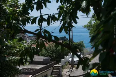 a view of the ocean from behind some trees at Stefanelo in Ulcinj