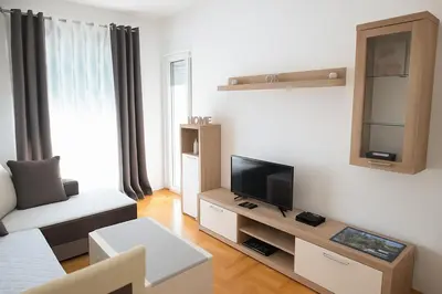a living room with a couch and a flat screen tv at Dagana in Budva