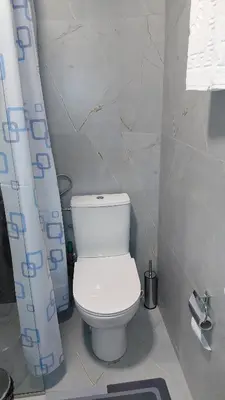 a bathroom with a toilet and a shower curtain at Apartman Vuk 15 in Budva