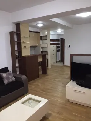 a living room with a couch and a table and a tv at Andreja Apartment in Budva