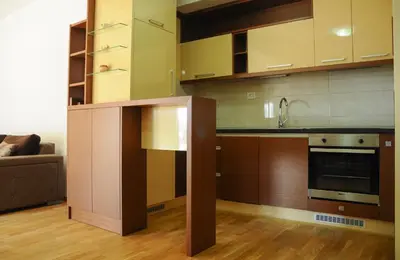 a kitchen with a stove and a couch in a room at Andreja Apartment in Budva