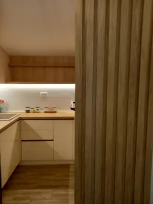 a kitchen with a wooden door next to a counter at Apartman Borka Rezevici in Krstac