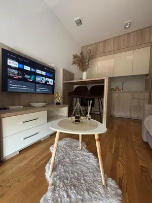 a living room with a table and a tv at Apartments Masa in Podgorica