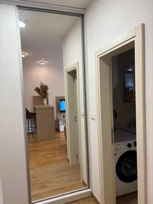 a mirror in a living room with a washing machine at Apartments Masa in Podgorica