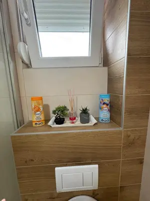 a bathroom with a toilet with a window and plants at Apartments Masa in Podgorica