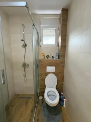 a small bathroom with a toilet and a shower at Apartments Masa in Podgorica