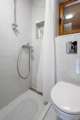 a white bathroom with a toilet and a shower at Wild silence - Skadar Lake in Virpazar