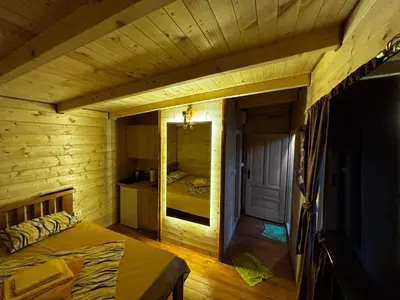a bedroom with a bed in a wooden room at Brvnara Toma in Cetinje