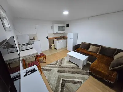 a living room with a couch and a kitchen at Apartman Knez 1 in Podgorica