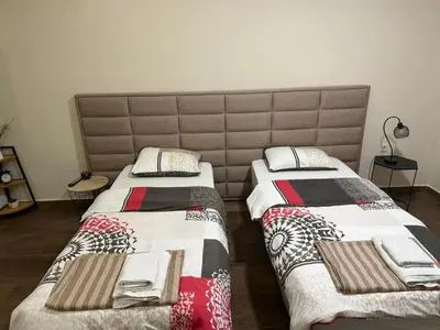 two beds sitting next to each other in a room at Studio apartament Vukcevic 2 in Golubovci