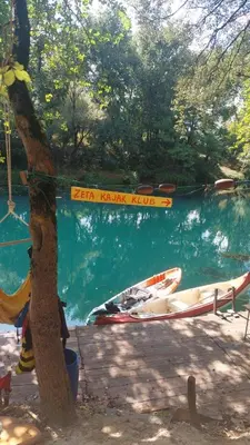 two kayaks are tied to a tree next to a lake at Whispering Waters