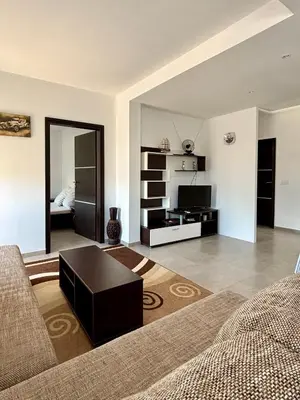 a living room with a couch and a television at Lotus in Donji Štoj