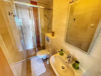a bathroom with a sink and a shower and a toilet at Jelena apart Budva in Becici