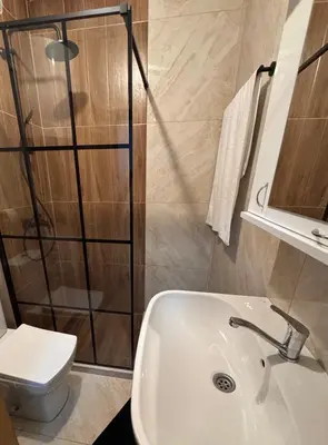 a bathroom with a shower and a sink and a toilet at Apartments Damjan in Budva
