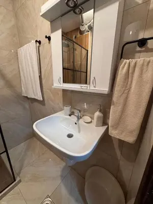 a bathroom with a white sink and a mirror at Apartments Damjan in Budva