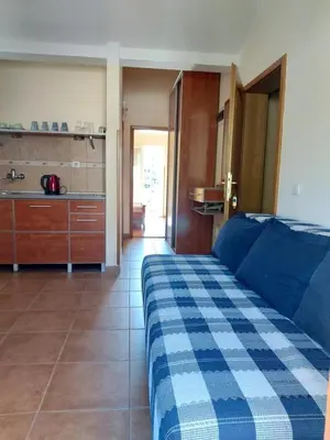 a blue and white checkered bed in a room at Apartments Premier in Budva