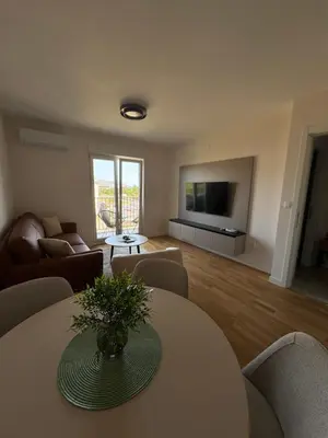 a living room with a table and chairs and a television at Apartment 43 with Garage in Podgorica