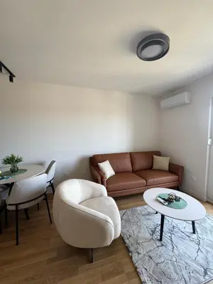 a living room with a couch and a table at Apartment 43 with Garage in Podgorica