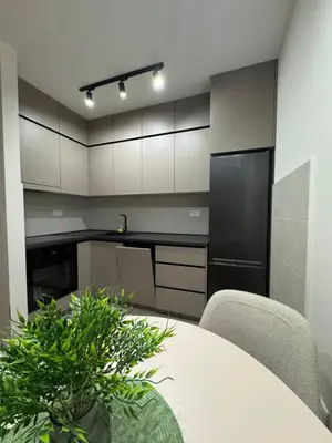 a kitchen with a table and a black refrigerator at Apartment 43 with Garage in Podgorica