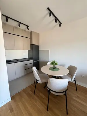 a kitchen with a table and chairs in a room at Apartment 43 with Garage in Podgorica