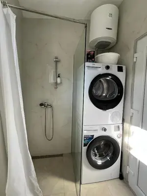 a washing machine and a washer in a bathroom at Apartmani Aleksandar Rudinac Čanj in Čanj