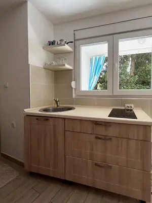 a kitchen with a sink and a window at Apartmani Aleksandar Rudinac Čanj in Čanj