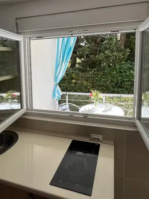 a window in a kitchen with a sink at Apartmani Aleksandar Rudinac Čanj in Čanj